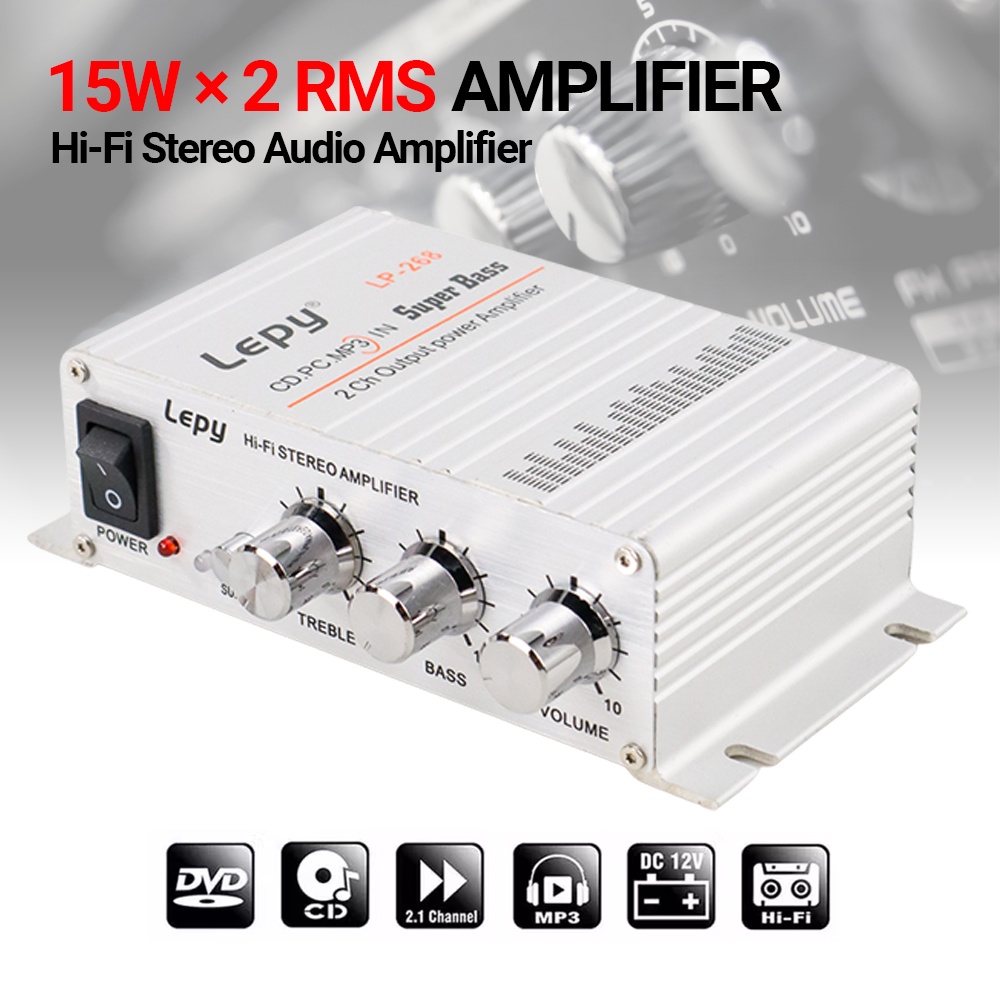 Amplifier Bass Booster Lepy HiFi Mini Stereo Amplifier Treble 2A 12V - LP-A6 - Silver