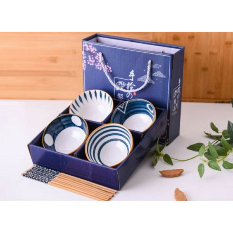 Gift Set Mangkok Keramik Motif Sakura Isi 4 Hampers Lebaran