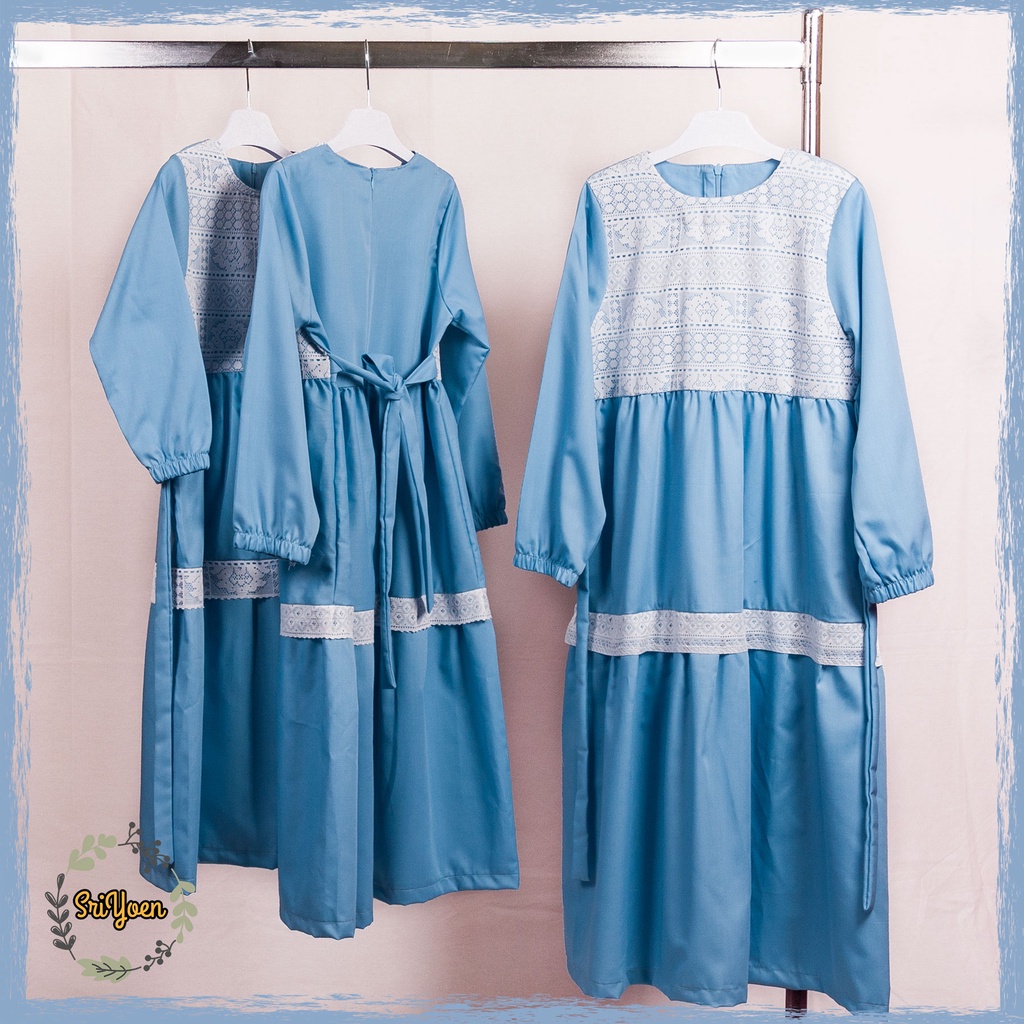 Baju Gamis Anak Aksen Brokat Katun - Biru Muda