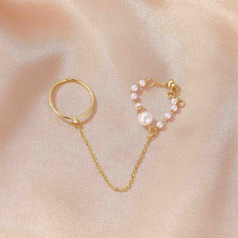 New Simple Ring With Chain For Women Creative Retro Two Rings Together Pearl Ring Fashion Western Style Women Jewelry