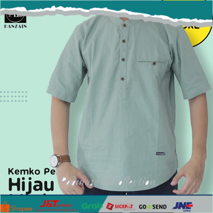 ✨ BISA COD ✨ BAJU KEMEJA KOKO KEMKO LENGAN PENDEK PRIA - HIJAU MINT - HANZAIN - L, Kancing Stengah