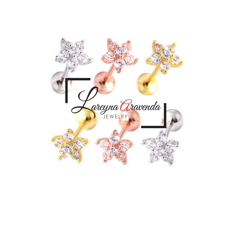 Anting Wanita Titanium Asli Bunga Crystal Kristal Zircon AAA ET004