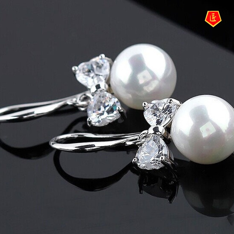 [Ready Stock]Women's Bow Pearl Diamond Earrings Small and Cute