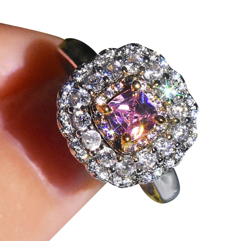Cincin Wanita Model Terbuka Bentuk Kotak Hias Berlian Imitasi Warna Pink Adjustable Untuk Pernikahan