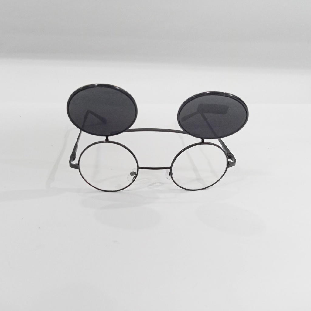 Kacamata hitam bening buka tutup siang malam bulat flip up / clip on fashion retro steampunk boboho