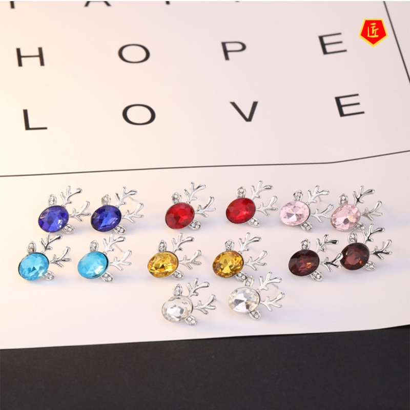 [Ready Stock]Women's Multi-Color Antlers Crystal Stud Earrings