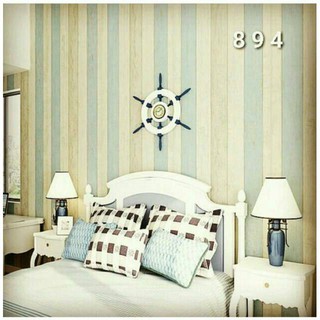 Wallpaper Sticker Dinding Kayu Garis  Biru  Krem Putih  