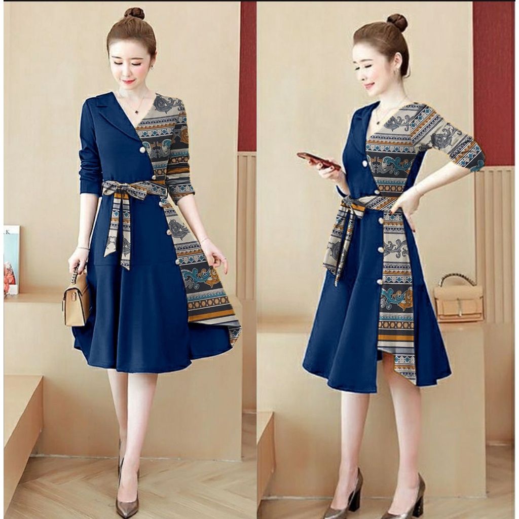 [HNFK] Dress Wanita Korean Style / Dress Agatha / Dress Kondangan Kekinian / Dress Motif / Pakaian Wanita Terbaru