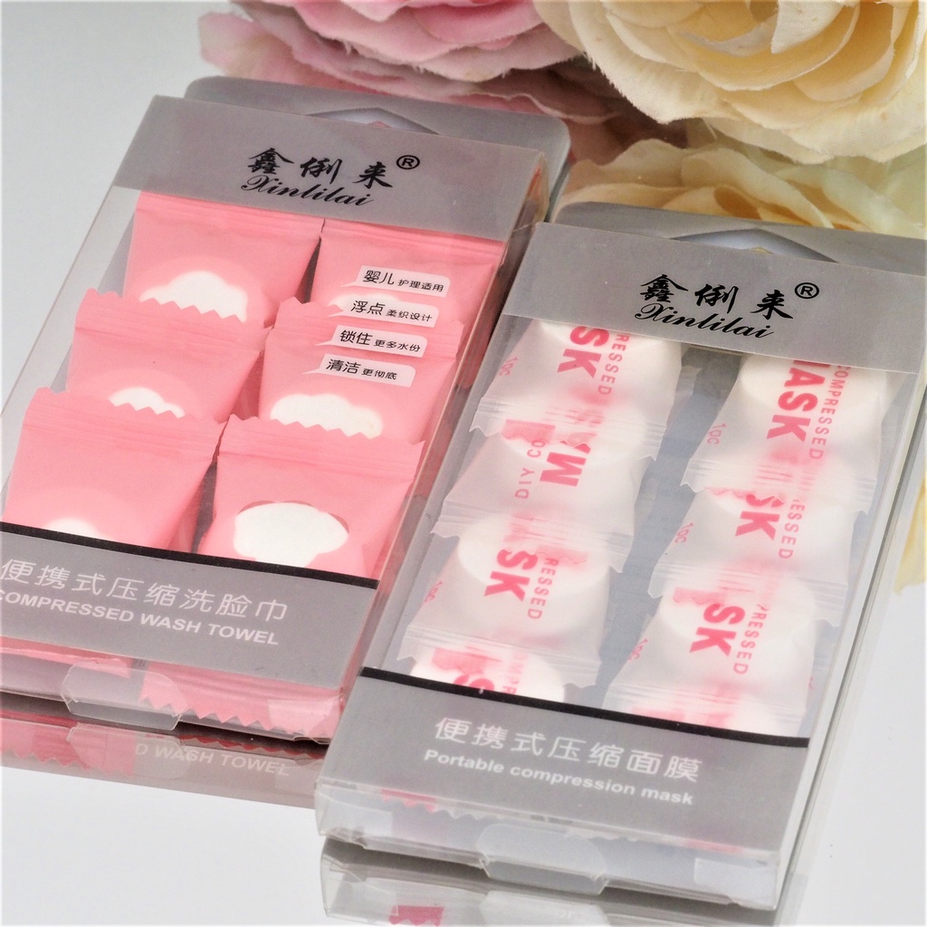 Compressed Mask BOX ISI 8 PCS Compress Facial Sheet Face Paper DIY Masker Permen Wajah Pink Putih