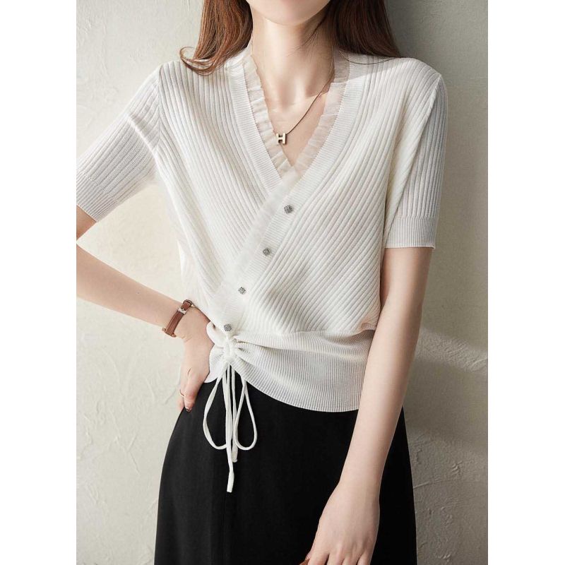 Blouse atasan wanita  putih rajut Korea lengan pendek elegant