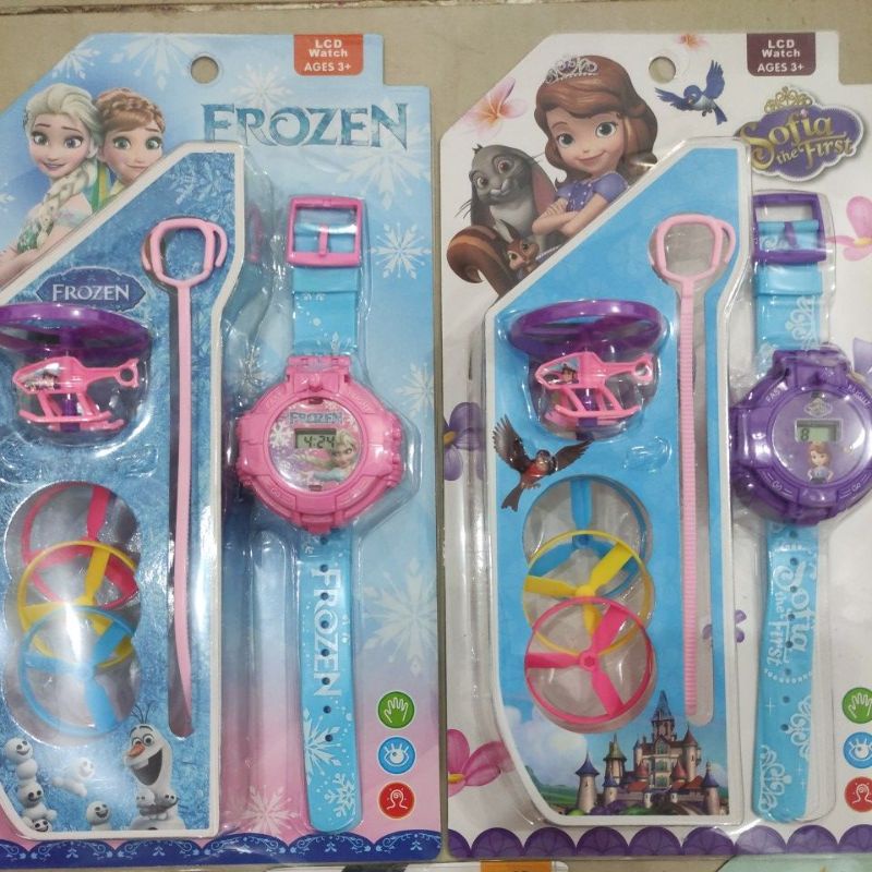 Jam Tangan Anak Digital Free Mainan Helikopter Gasing - Karakter Superhero Batman / Princess Sofia / Frozen / Mickey Mouse / Unicorn