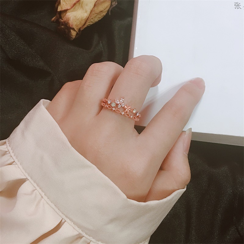 Cincin Model Terbuka Lapis Ganda Bahan Zirkon Warna Rose Gold Dapat Disesuaikan Gaya Vintage Korea Untuk Wanita