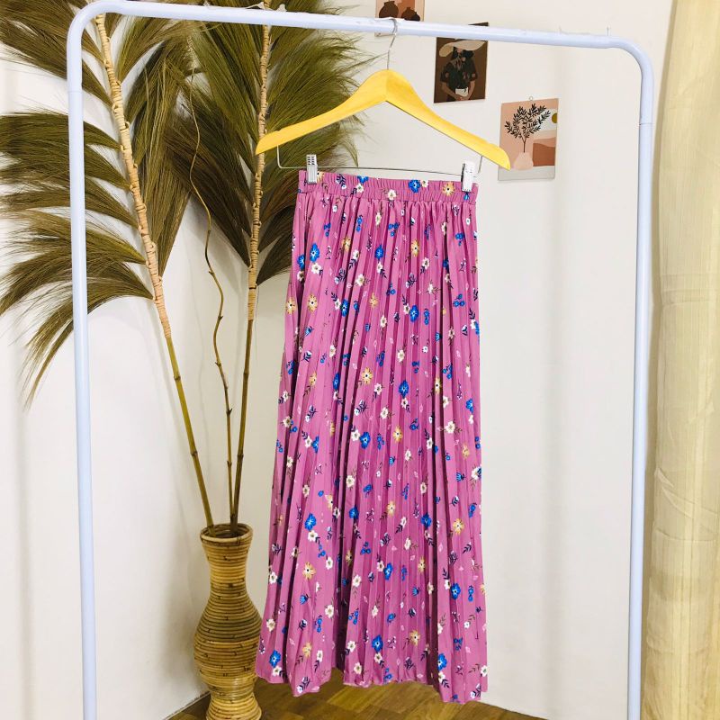 ROK PLISKET BUNGA DAISY / ROK PLISKET PREMIUM / ROK WANITA-Rose pink