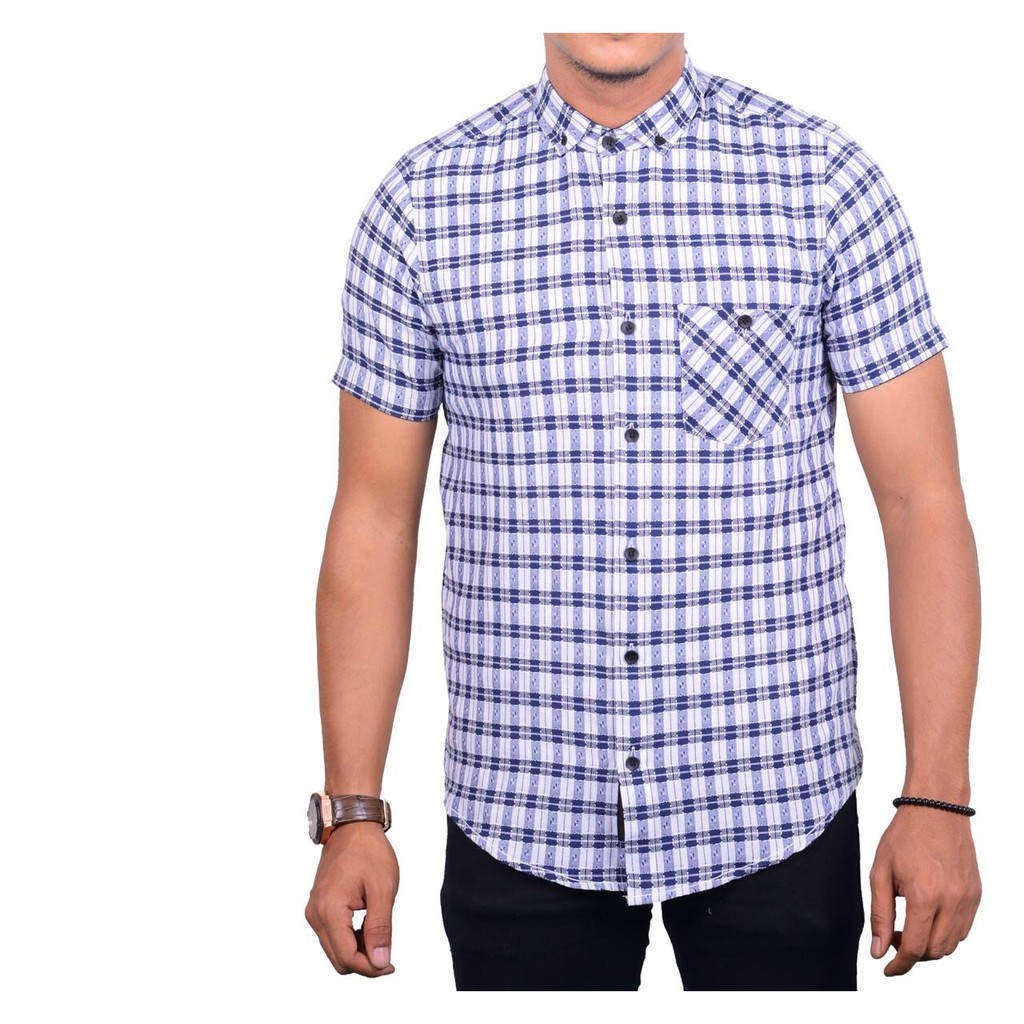 Credomenstore Kemeja  Polos  Pria  Biru Lengan Pendek 