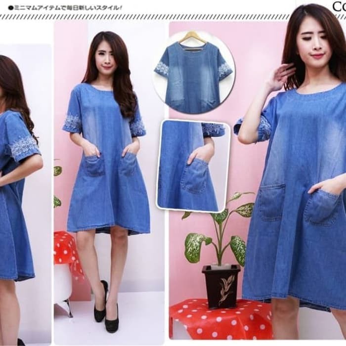 Baju Dress Terusan Rok Pendek Bahan Jeans Big Size Xl Wanita Santai