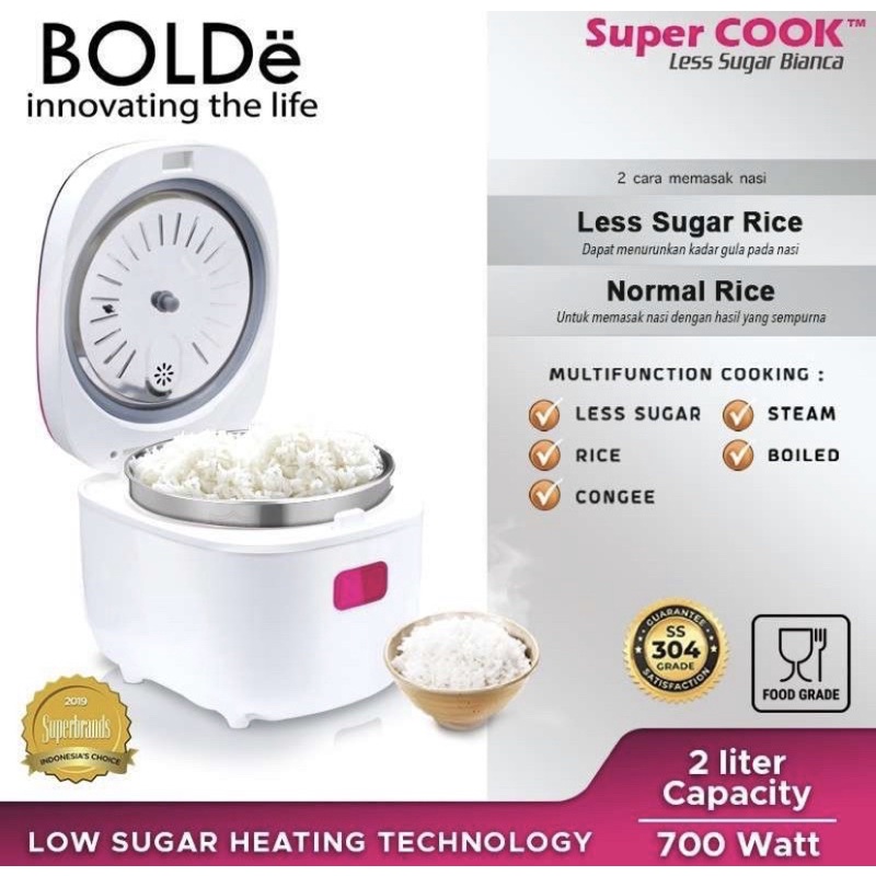 BOLDE SUPER COOK RICE COOKER LESS SUGAR BIANCA [2L] 100% ORI