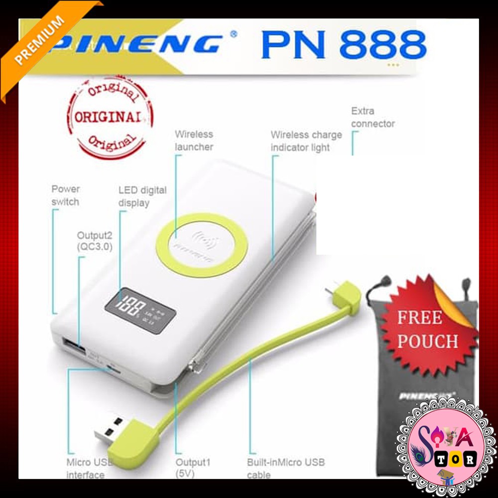 Pineng PN 888 Qi Wireless Charger Power Bank 10000 Mah Powerbank White 2 in 1 Design TERBARU