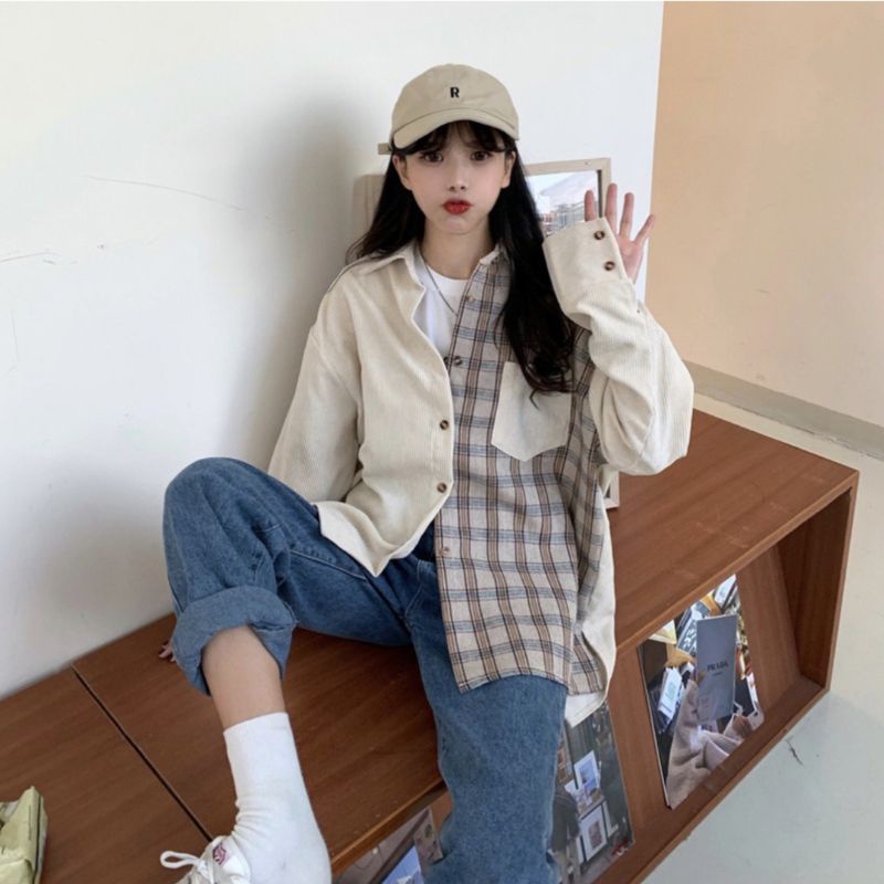 Kemeja kotak-kotak wanita korea jaket lengan panjang retro