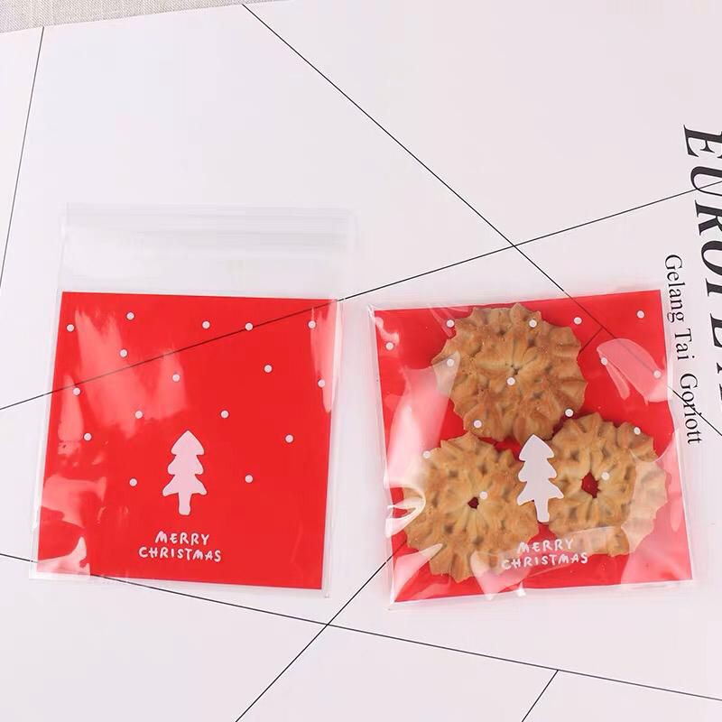 100 PCS PLASTIK COOKIES NATAL MOTIF POHON NATAL MERAH HIJAU