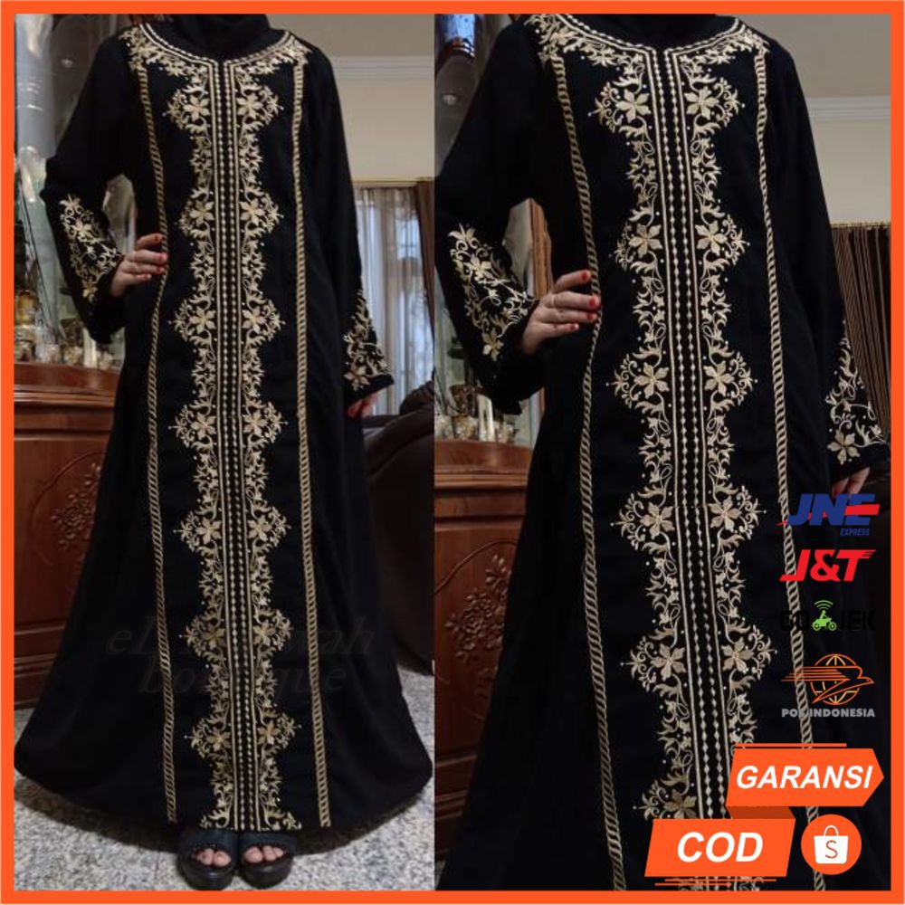 Abaya Hitam Polos Bordir Emas GAMIS HITAM eLMarwah AA38 bertabur permata