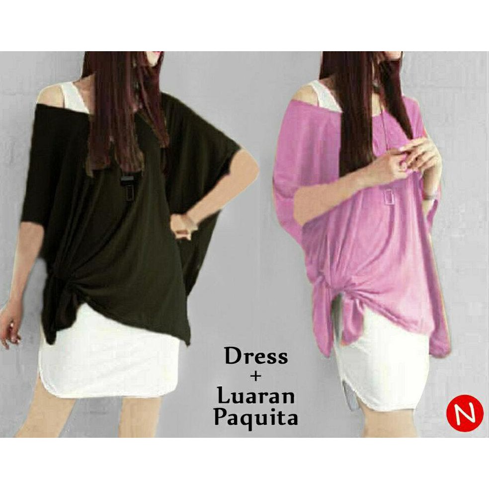 B5 CN 42539 DRESS LUARAN PAQUITA XL TERUSAN ROK SPAN MINI PENDEK PUTIH WHITE SEXY OUTER HITAM BIRU