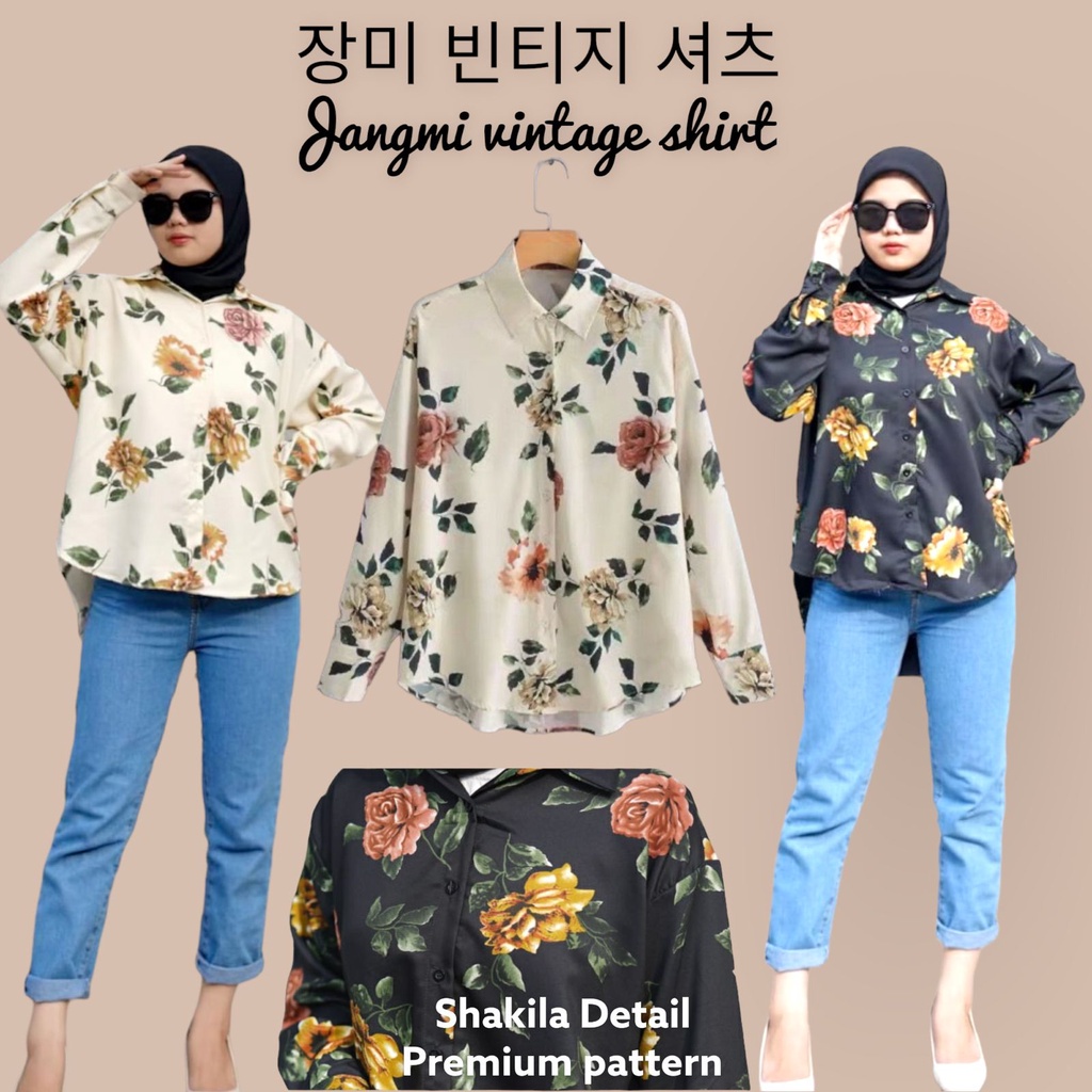 Tq88indonesia Fashion Baju Kemeja Wanita Lengan Panjang /  JANGMI ROSE SHAKILA VINTAGE KOREAN SHIRT / Kem / Hem Mtif Bunga / Busana Casual Cewek / Ootd / Outfit Casual Kekinian