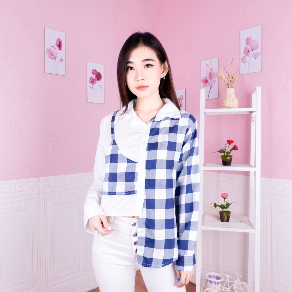 IL - Chess Playfull Assymetrical Blouse Top / Kemeja Wanita Chess Rubi Kotak Tartan