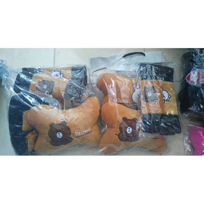 Bantal Mobil Car Set Line Cony Brown - Paket Lengkap