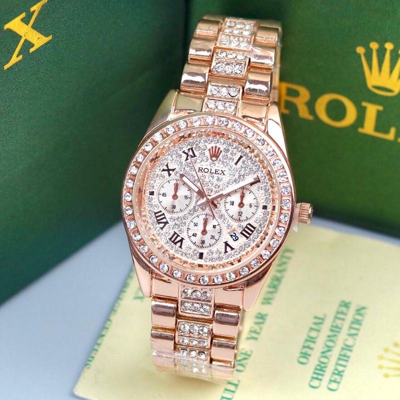 Promo Jam Tangan Wanita Rolex Premium Mewah Angka Romawi Analog Tanggal Aktif Full Permata Tali Rant
