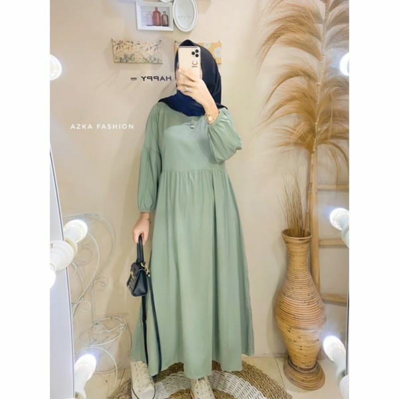 Long Tunik Panjang crinkle airflow Wanita Muslim Kekinian Imfort Dres Perempuan Motif Polos Midi Dre