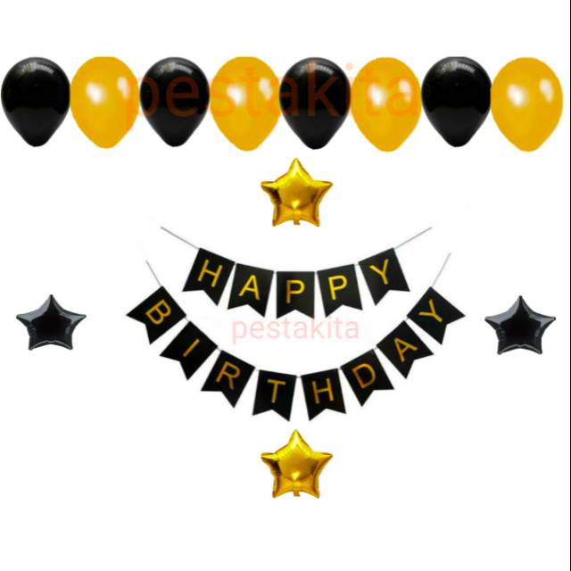 { 1 set } Happy Birthday Black and Gold / Set Dekorasi Ulang Tahun Tema Warna Hitam dan Emas