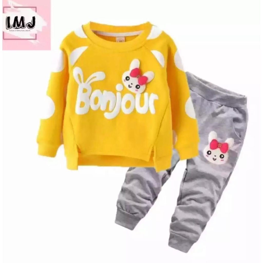 setelan anak motif Bonjour baju perempuan sweater joger anak terlaris setelan joger anak 2021