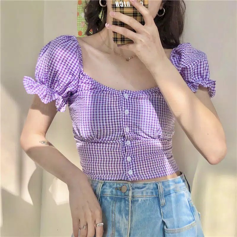DHS Collar Crop Top Lisa Plaid Sabrina Baju Crop Top Kotak Wanita - Style Korean