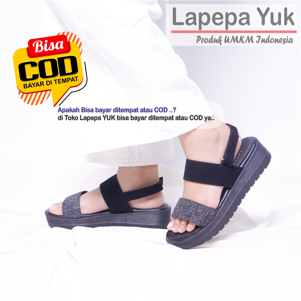 LAPEPA YUK -  Sepatu Sandal Wanita Wedges GHEA Model Ban dua Tali Strap belakang Hak Tinggi Sole 4 cm Spatu Sendal Gunung Cewek  Size 36 37 38 39 40 Warna BLACK Hitam Cewe Kekinian Premium Terbaru Shoes Ori Original Mall Official Store Promo