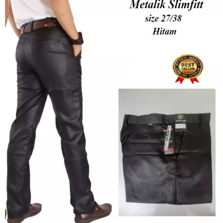 Mickonova Celana Formal Pria Metallic Mengkilat Trend Clana Slim Fit Bahan Import Fashion Pria Mengkilap