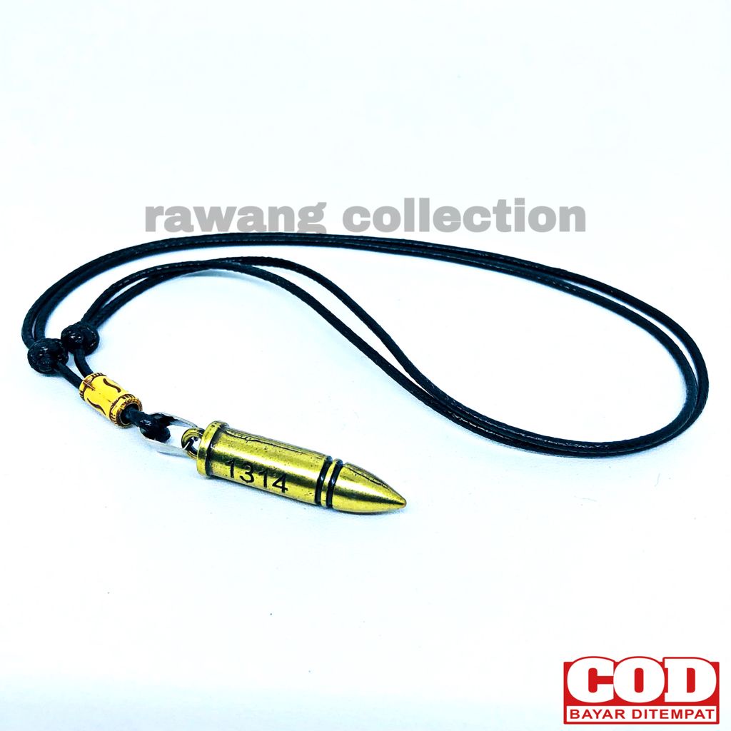 Kalung Pria Tali Hitam Bandul Peluru Gold