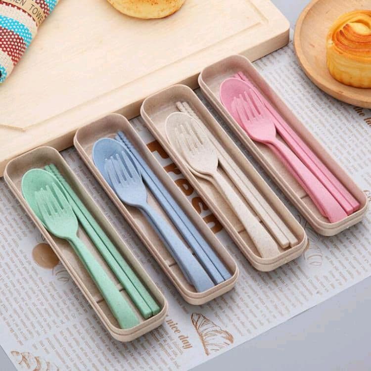 Set Peralatan Alat Makan 3 in 1 Serat Gandum / Wheat Cutlery Set 3 in 1 Sendok Garpu Sumpit