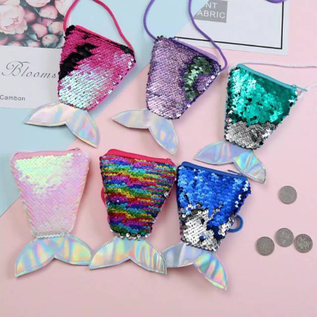 TM057 Tas Mermaid Tas Sequin Selempang Anak Angpao Amplop THR / Sling Bag Anak Duyung Souvenir 1KG 65PCS