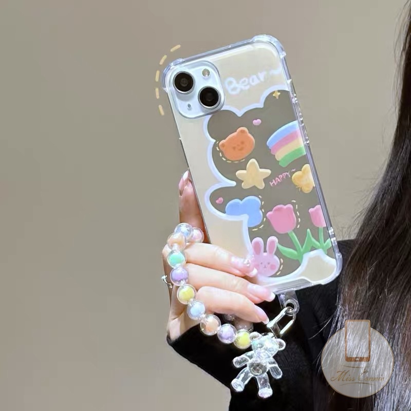 Casing Soft Case Motif Beruang 3D + Cermin Makeup + Gelang Mutiara Untuk iPhone 7 8 14 Plus 11 12 13 14 Pro Max XR X XS Max