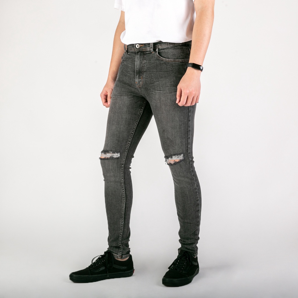 Celana Ripped Jeans Pria / Celana Jeans Sobek Bahan Stretch Denim - (UJ-31 RJ) - Misty Grey