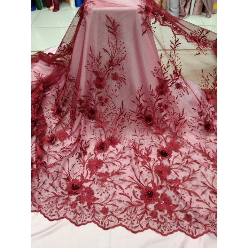 KAIN TULLE BORDIR.3D.BAHAN METERAN KAIN TULE MOTIF TILE KEBAYA SERAGAMAN KELUARGA