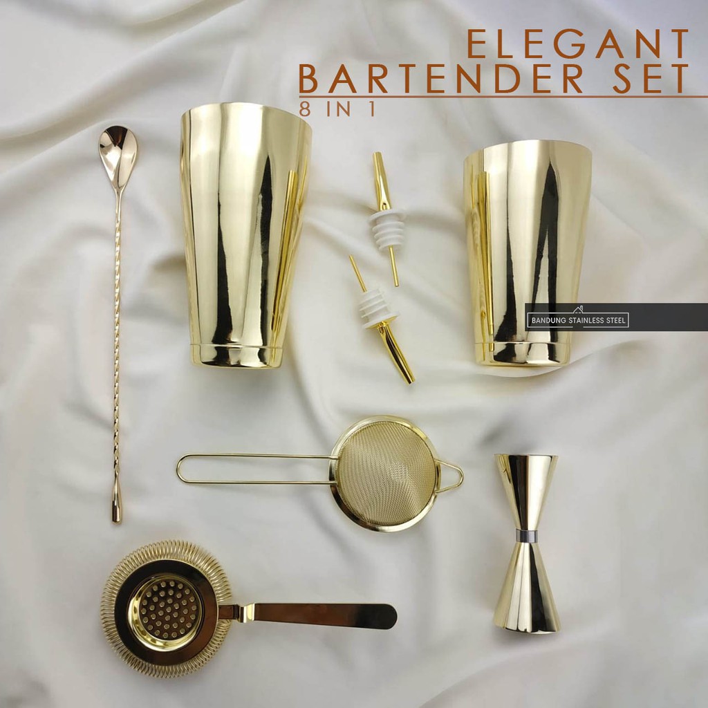 Elegant Bartender Set SUS304 Mewah Gold Rosegold 8 in 1 Shaker Jigger Saringan Pourer Wine Filter