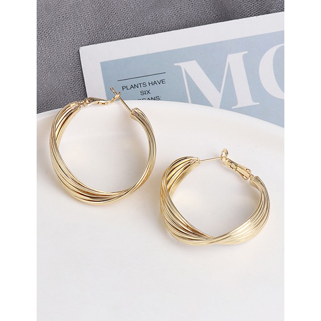 LRC Anting Tusuk Fashion Golden Thick Circle Button Twist Diamond Earrings D91352