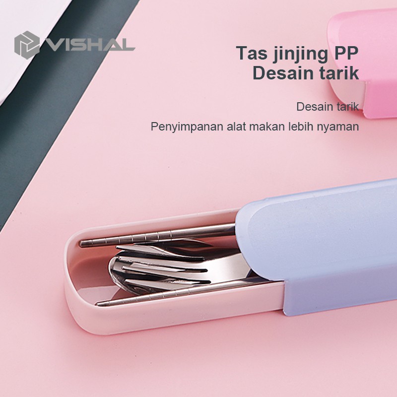 VISHAL 3Pcs Set Makan Sendok Garpu Sumpit/Stainless Steel Spoon Fork Chopsticks Bepergian Peralatan