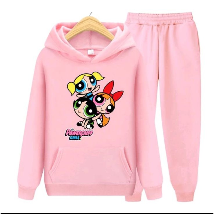 Setelan Sweater Anak Hoodie PowerPuff Girl/ Baju Topi Anak Perempuan