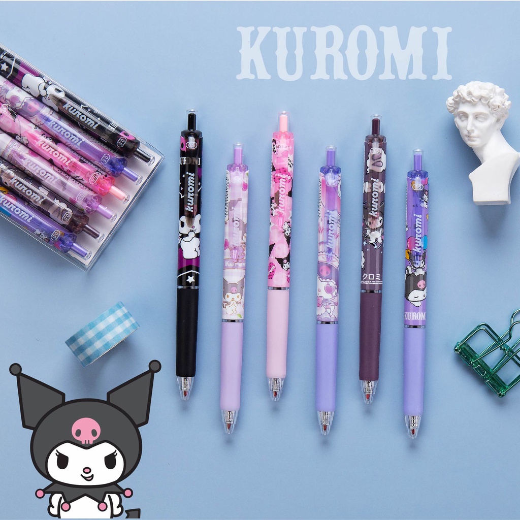 Kuromi 6pcs / Set Pulpen Gel 0.5mm Tinta Hitam Motif Kartun Lucu Untuk Stationery Pelajar Wanita