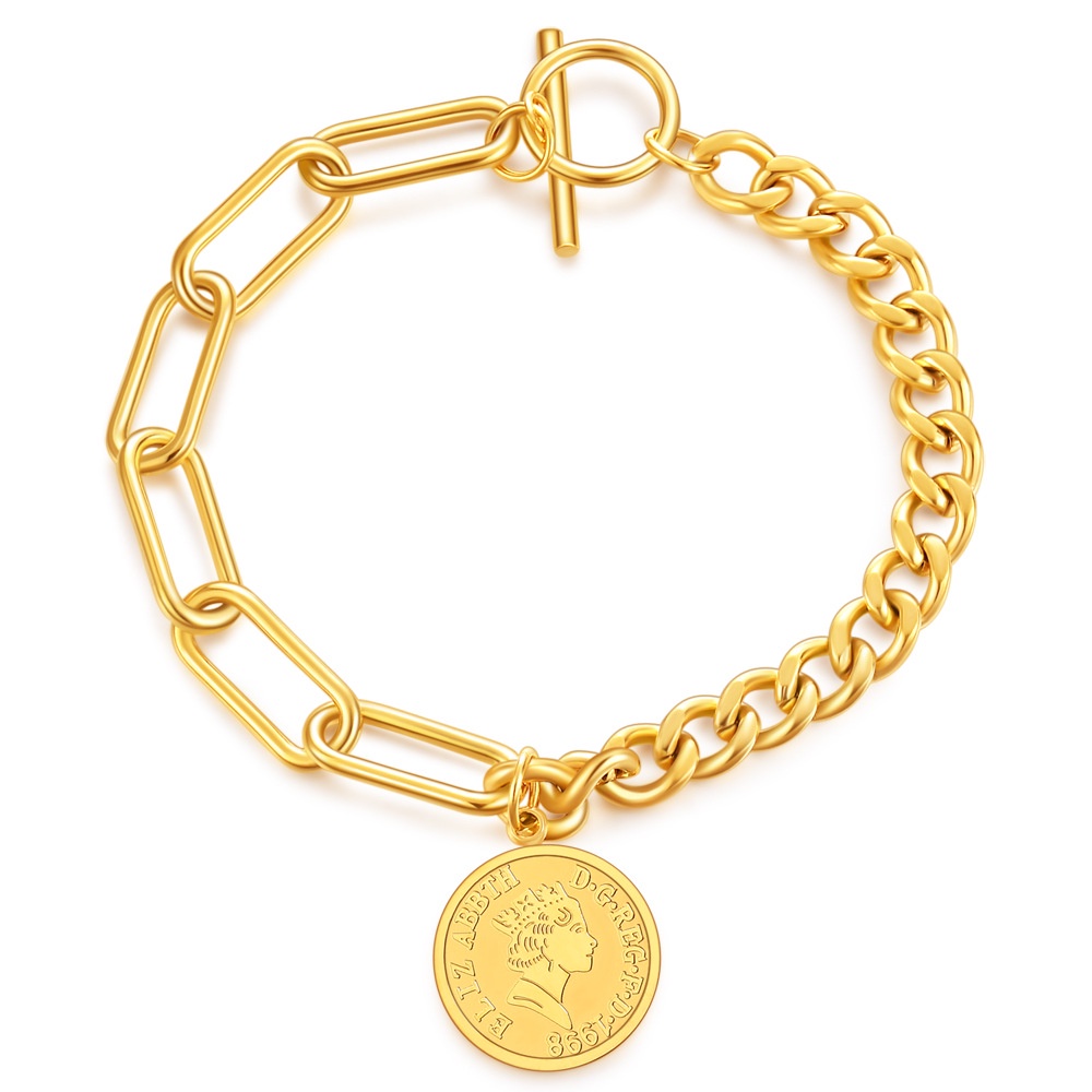 Bisa Cod 18K Emas Potret Koin Emas Medali Bulat Gelang Wanita Titanium Asli Anti Karat Fashion Korea Gelang Hadiah Hari Valentine Terbaik 103G3#