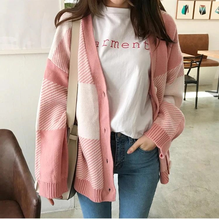 Pink casual plaid v-neck cardigan / cardigan rajut korea auntumn