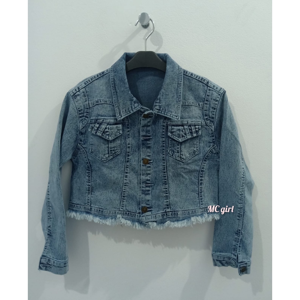 MC girl - Jaket Jeans Premium Crop Rawis Snow Blue Gambar Wanita / Jaket Denim Body Pendek Rumbai Ukuran XXL / Jacket Lepis Gambar Cewek Size 2XL