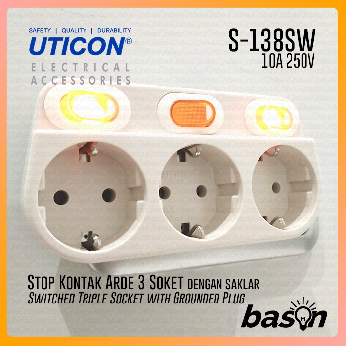 UTICON S138SW - Stop Kontak Arde Triple Socket + Saklar